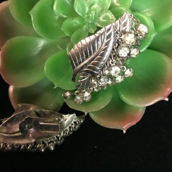 Silver Feather Clip On Earrings with Rhinestones - Picture 4 of 8